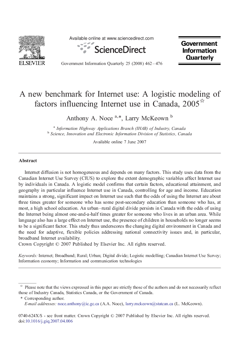 A new benchmark for Internet use: A logistic modeling of factors influencing Internet use in Canada, 2005 