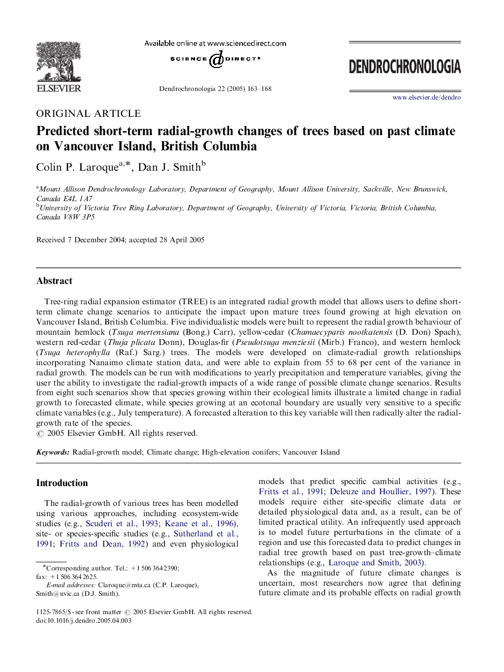 Predicted short-term radial-growth changes of trees based on past climate on Vancouver Island, British Columbia