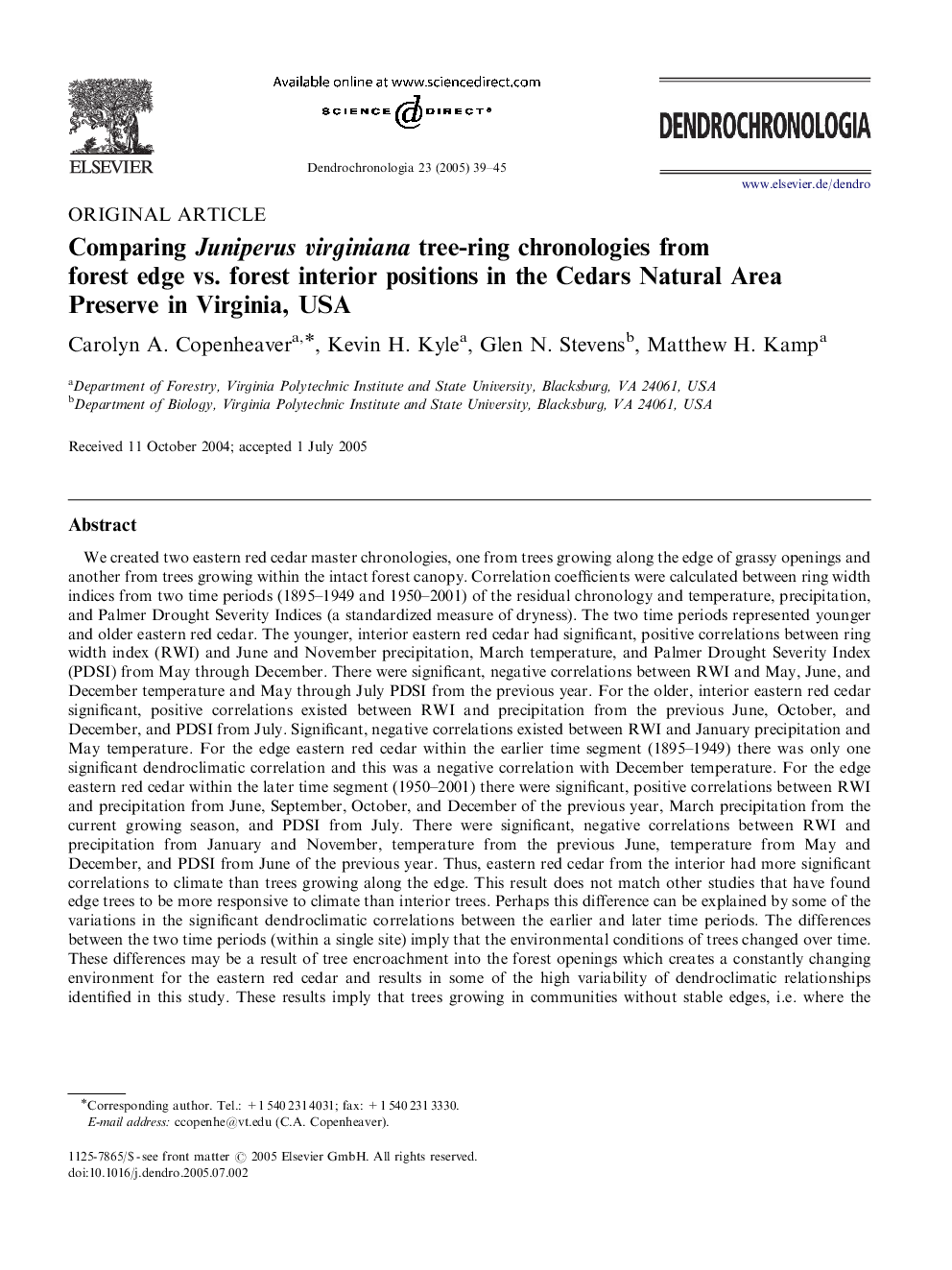 Comparing Juniperus virginiana tree-ring chronologies from forest edge vs. forest interior positions in the Cedars Natural Area Preserve in Virginia, USA