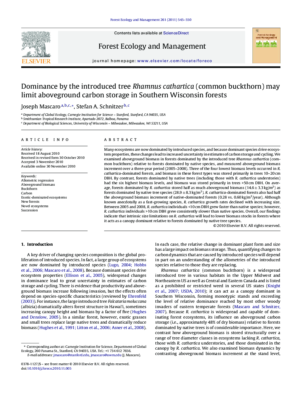 Dominance by the introduced tree Rhamnus cathartica (common buckthorn) may limit aboveground carbon storage in Southern Wisconsin forests