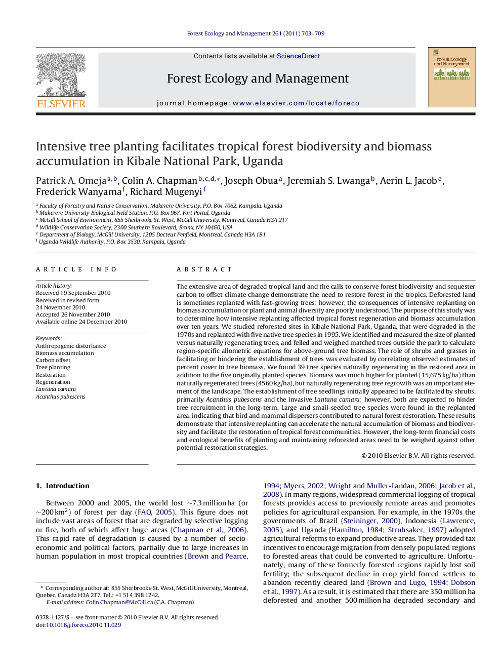 Intensive tree planting facilitates tropical forest biodiversity and biomass accumulation in Kibale National Park, Uganda