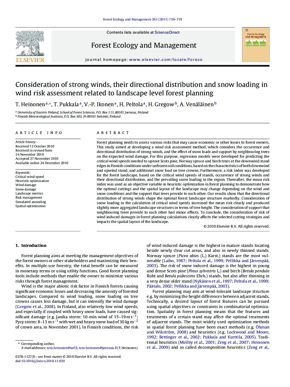 Consideration of strong winds, their directional distribution and snow loading in wind risk assessment related to landscape level forest planning