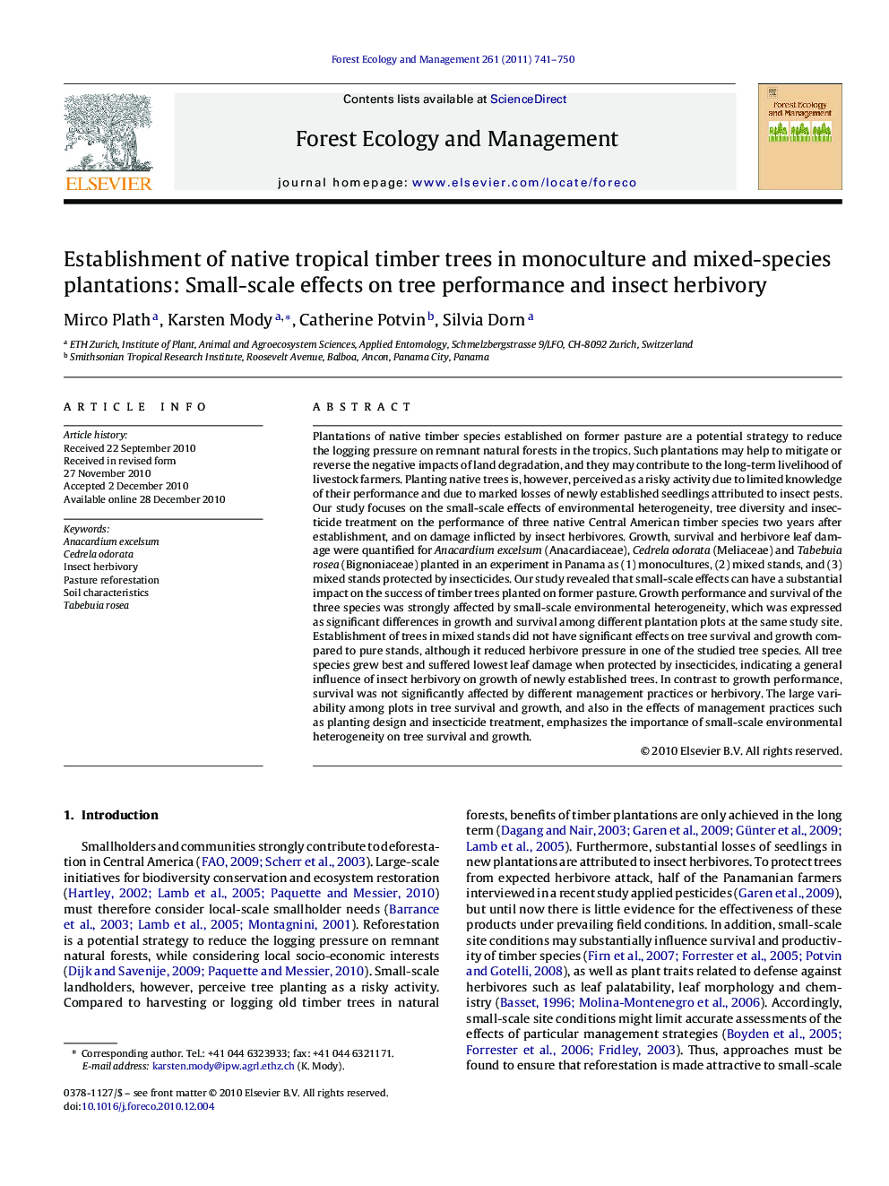 Establishment of native tropical timber trees in monoculture and mixed-species plantations: Small-scale effects on tree performance and insect herbivory