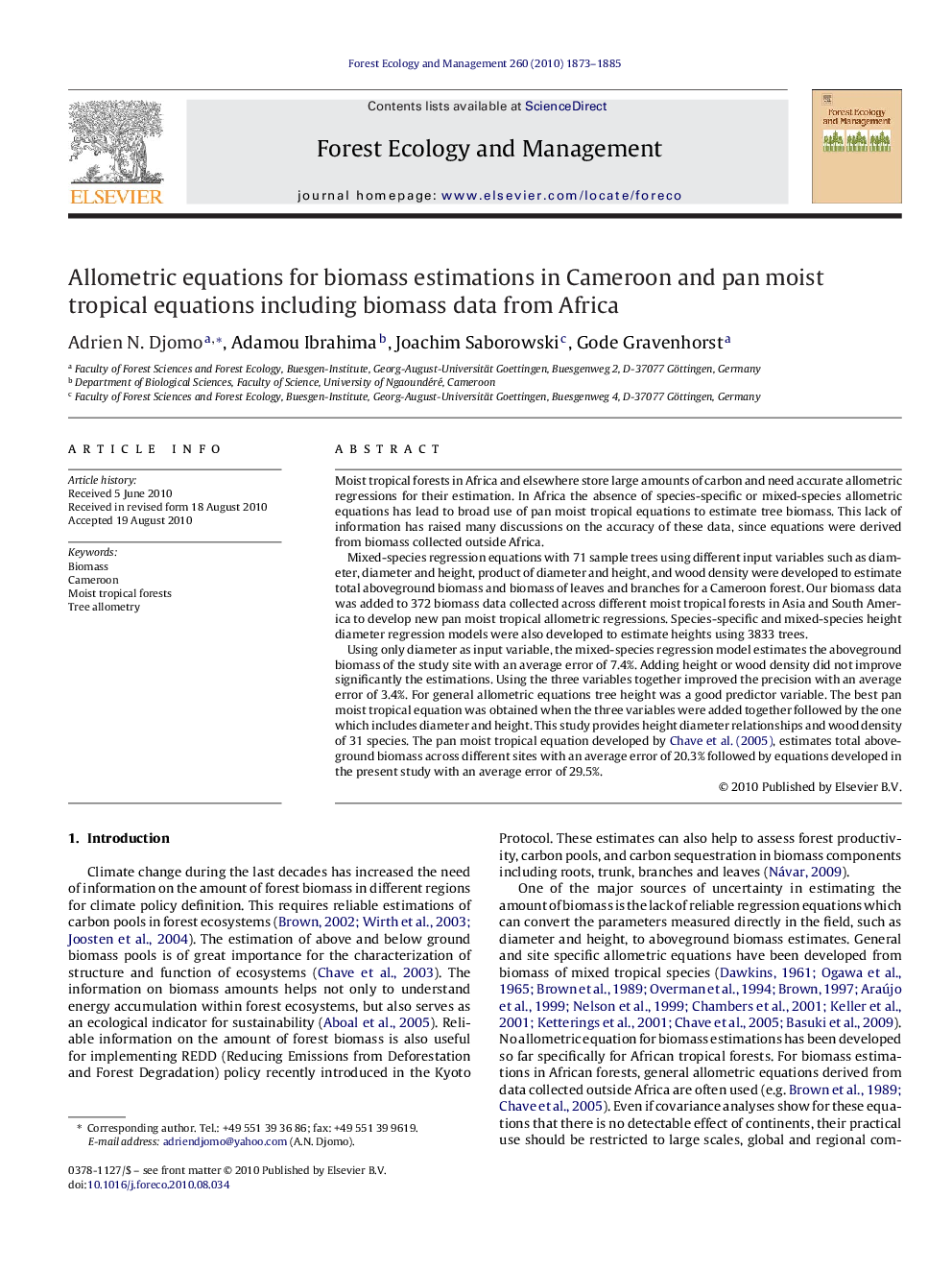 Allometric equations for biomass estimations in Cameroon and pan moist tropical equations including biomass data from Africa