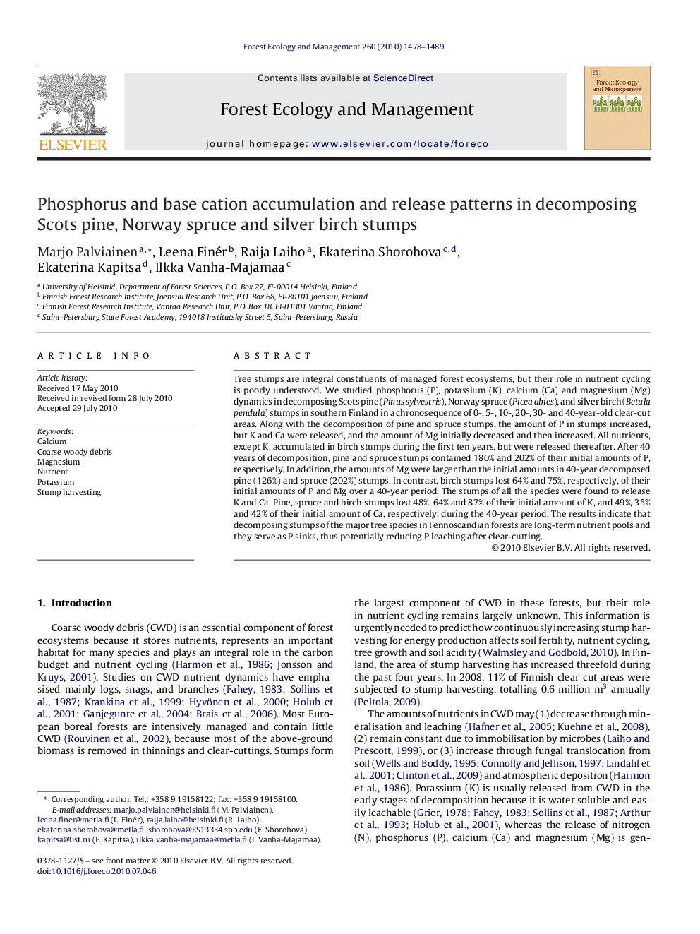 Phosphorus and base cation accumulation and release patterns in decomposing Scots pine, Norway spruce and silver birch stumps