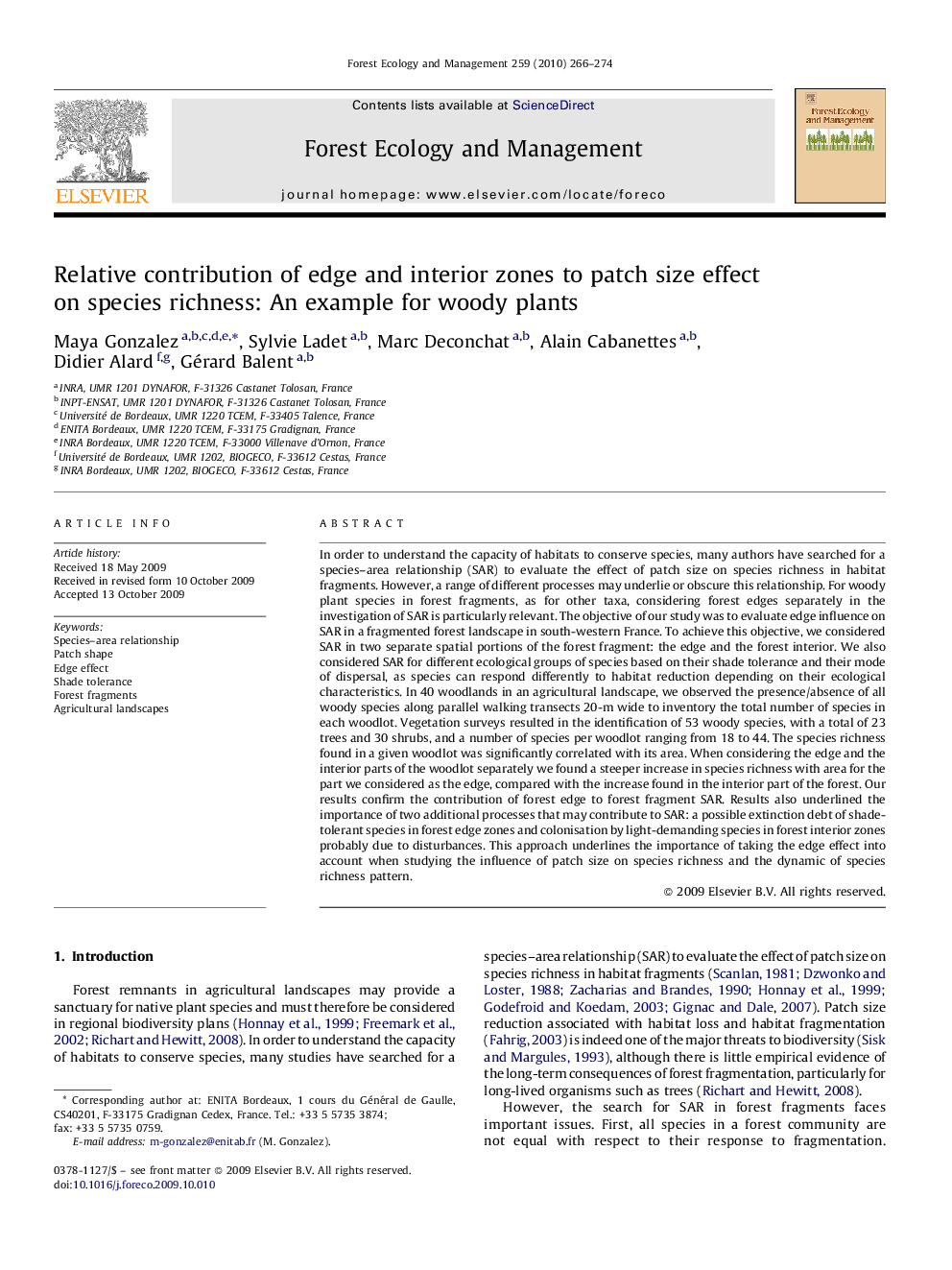 Relative contribution of edge and interior zones to patch size effect on species richness: An example for woody plants