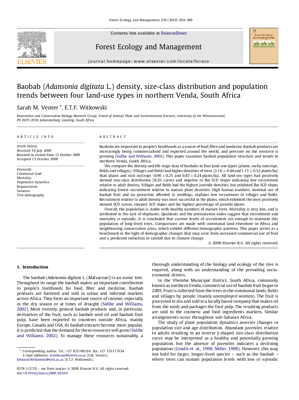 Baobab (Adansonia digitata L.) density, size-class distribution and population trends between four land-use types in northern Venda, South Africa