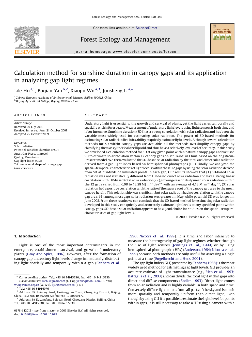 Calculation method for sunshine duration in canopy gaps and its application in analyzing gap light regimes