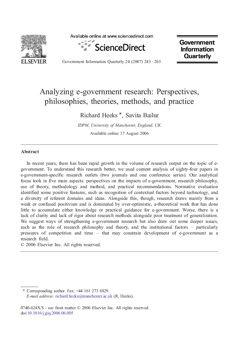 Analyzing e-government research: Perspectives, philosophies, theories, methods, and practice