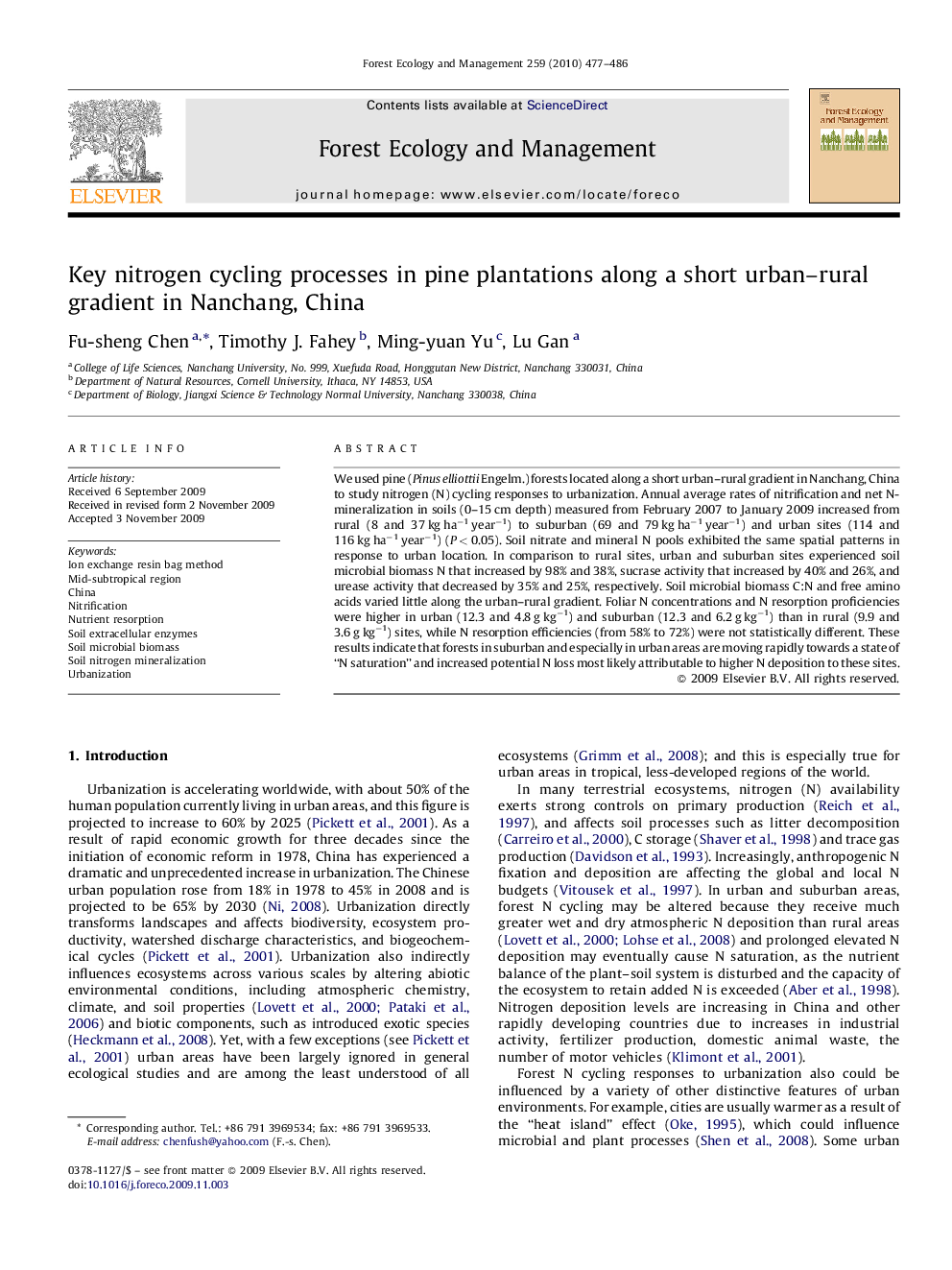 Key nitrogen cycling processes in pine plantations along a short urban-rural gradient in Nanchang, China