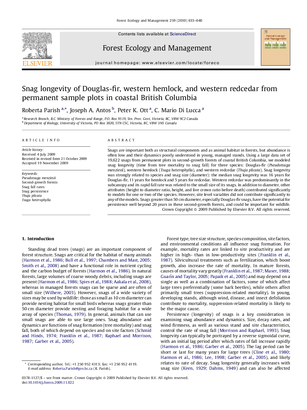 Snag longevity of Douglas-fir, western hemlock, and western redcedar from permanent sample plots in coastal British Columbia