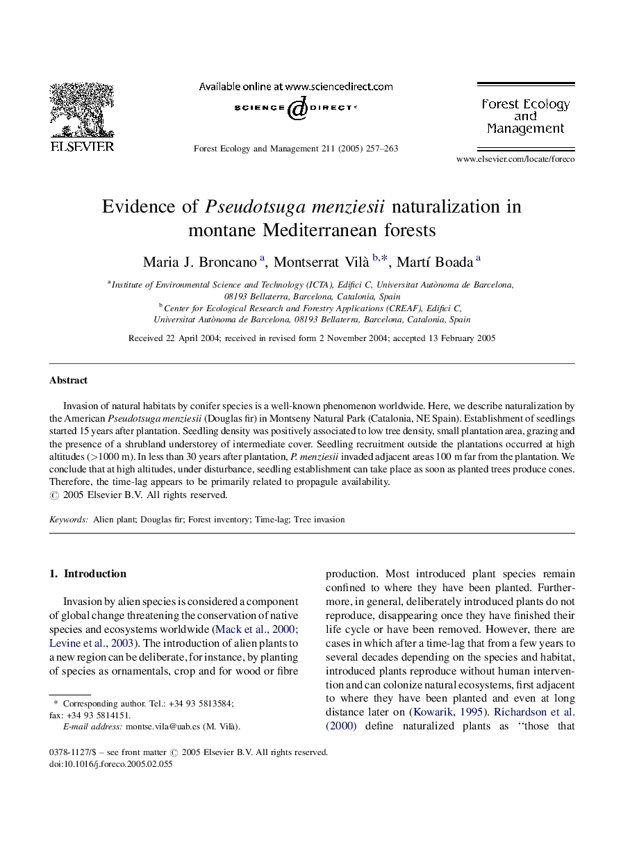 Evidence of Pseudotsuga menziesii naturalization in montane Mediterranean forests