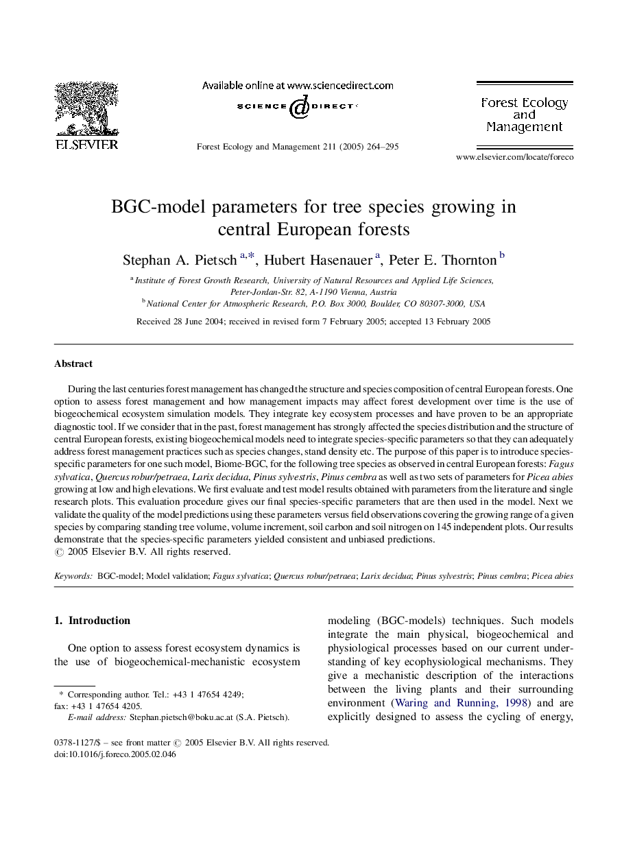 BGC-model parameters for tree species growing in central European forests