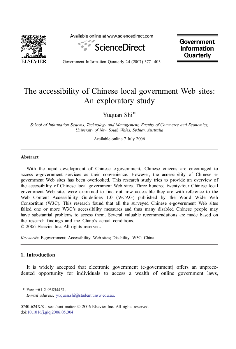 The accessibility of Chinese local government Web sites: An exploratory study