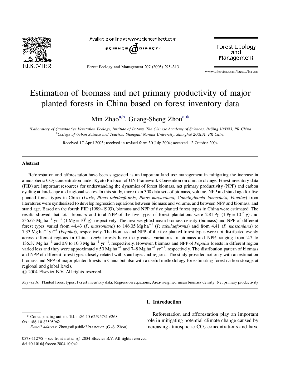 Estimation of biomass and net primary productivity of major planted forests in China based on forest inventory data