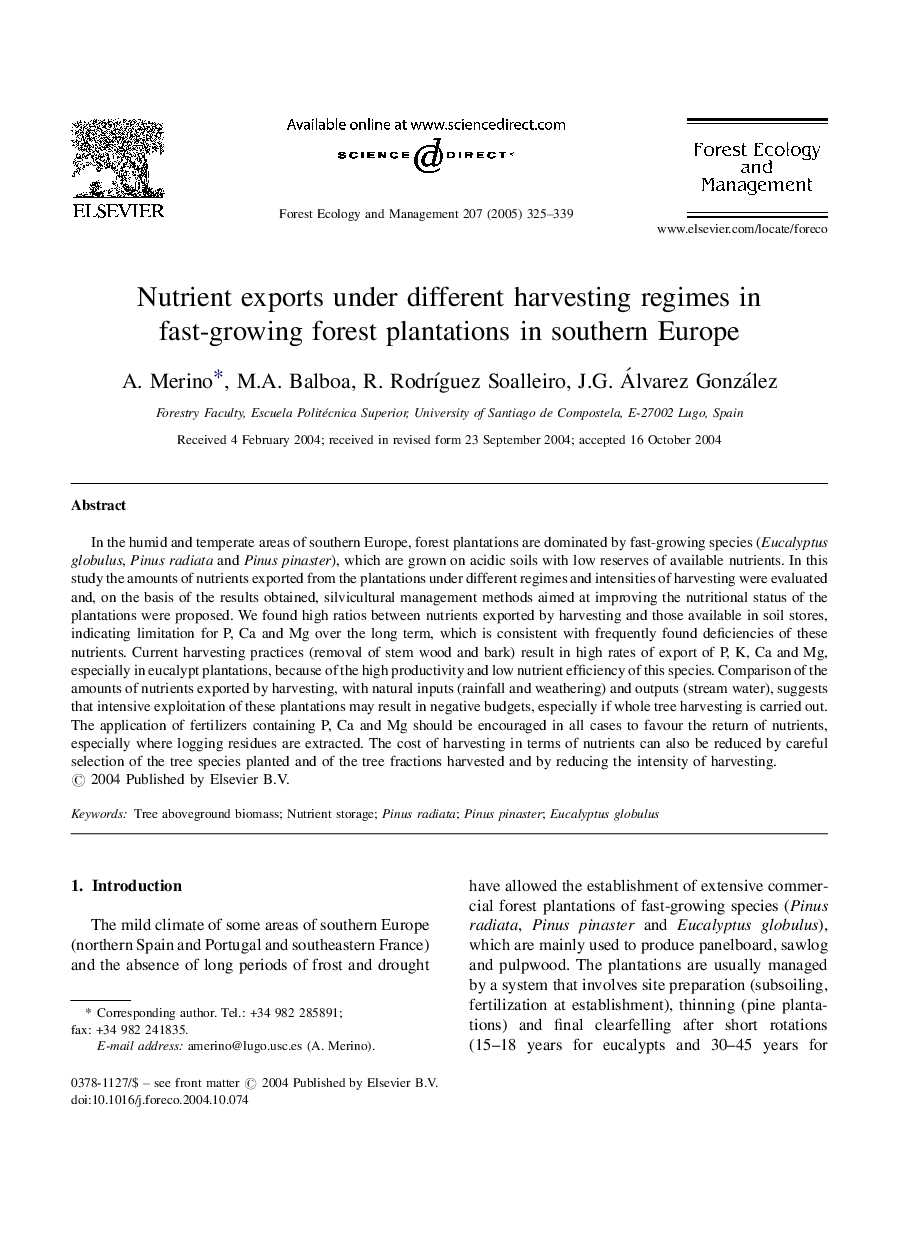 Nutrient exports under different harvesting regimes in fast-growing forest plantations in southern Europe