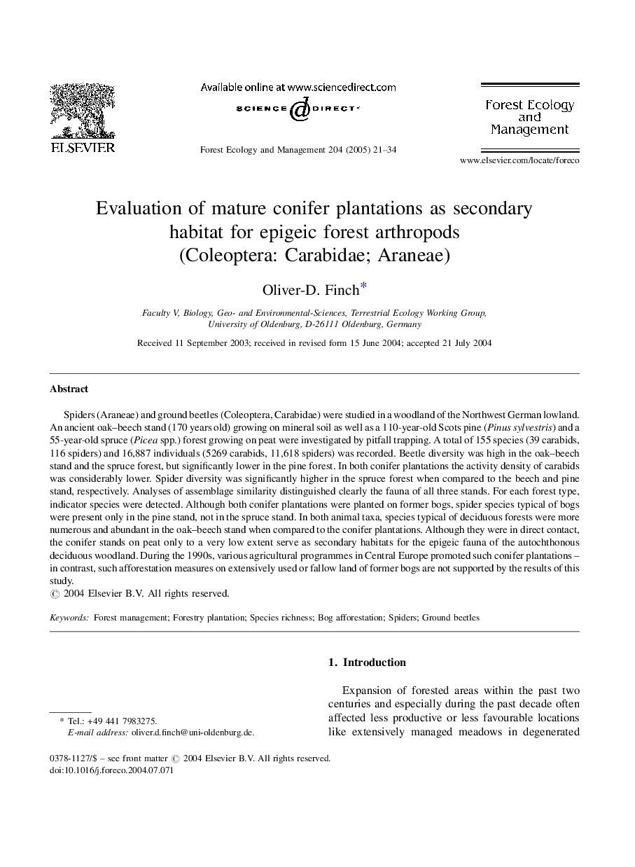 Evaluation of mature conifer plantations as secondary habitat for epigeic forest arthropods (Coleoptera: Carabidae; Araneae)