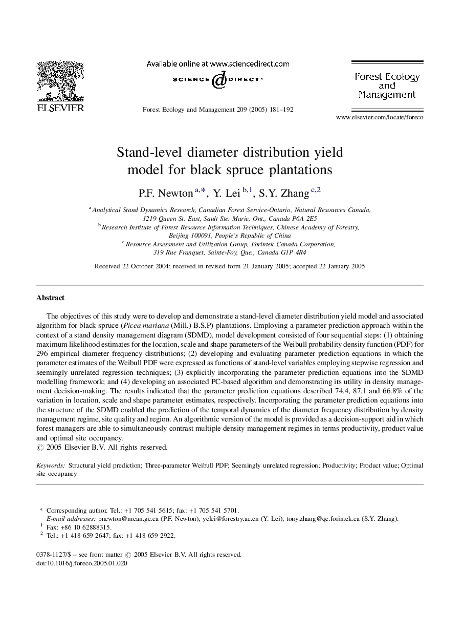 Stand-level diameter distribution yield model for black spruce plantations