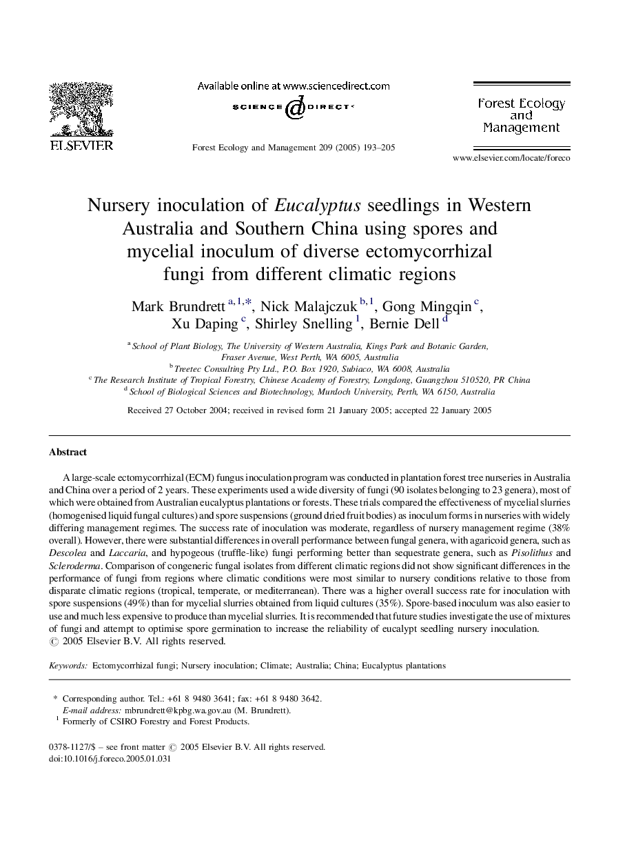 Nursery inoculation of Eucalyptus seedlings in Western Australia and Southern China using spores and mycelial inoculum of diverse ectomycorrhizal fungi from different climatic regions