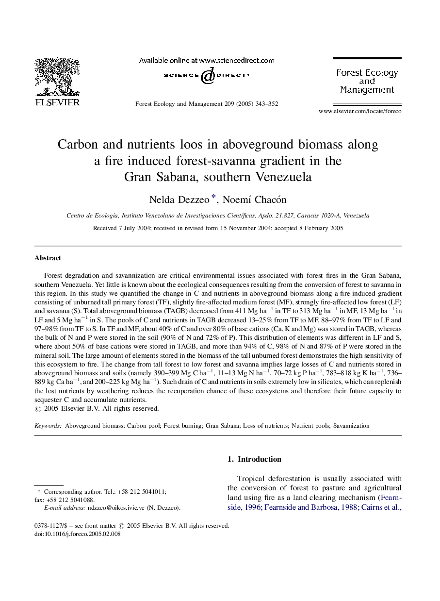 Carbon and nutrients loos in aboveground biomass along a fire induced forest-savanna gradient in the Gran Sabana, southern Venezuela