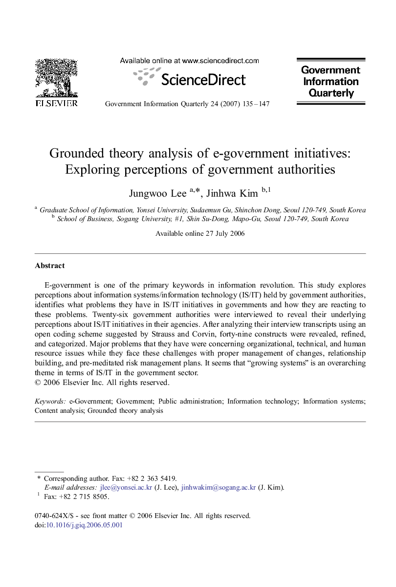 Grounded theory analysis of e-government initiatives: Exploring perceptions of government authorities