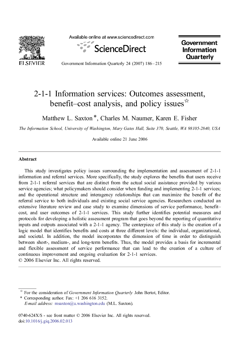 2-1-1 Information services: Outcomes assessment, benefit–cost analysis, and policy issues 