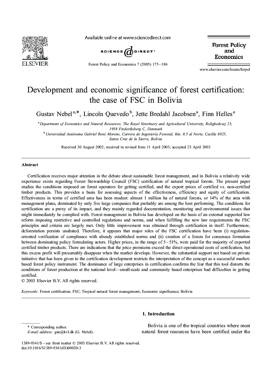 Development and economic significance of forest certification: the case of FSC in Bolivia