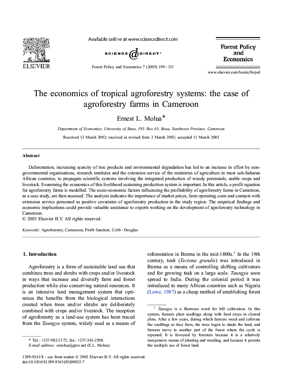The economics of tropical agroforestry systems: the case of agroforestry farms in Cameroon