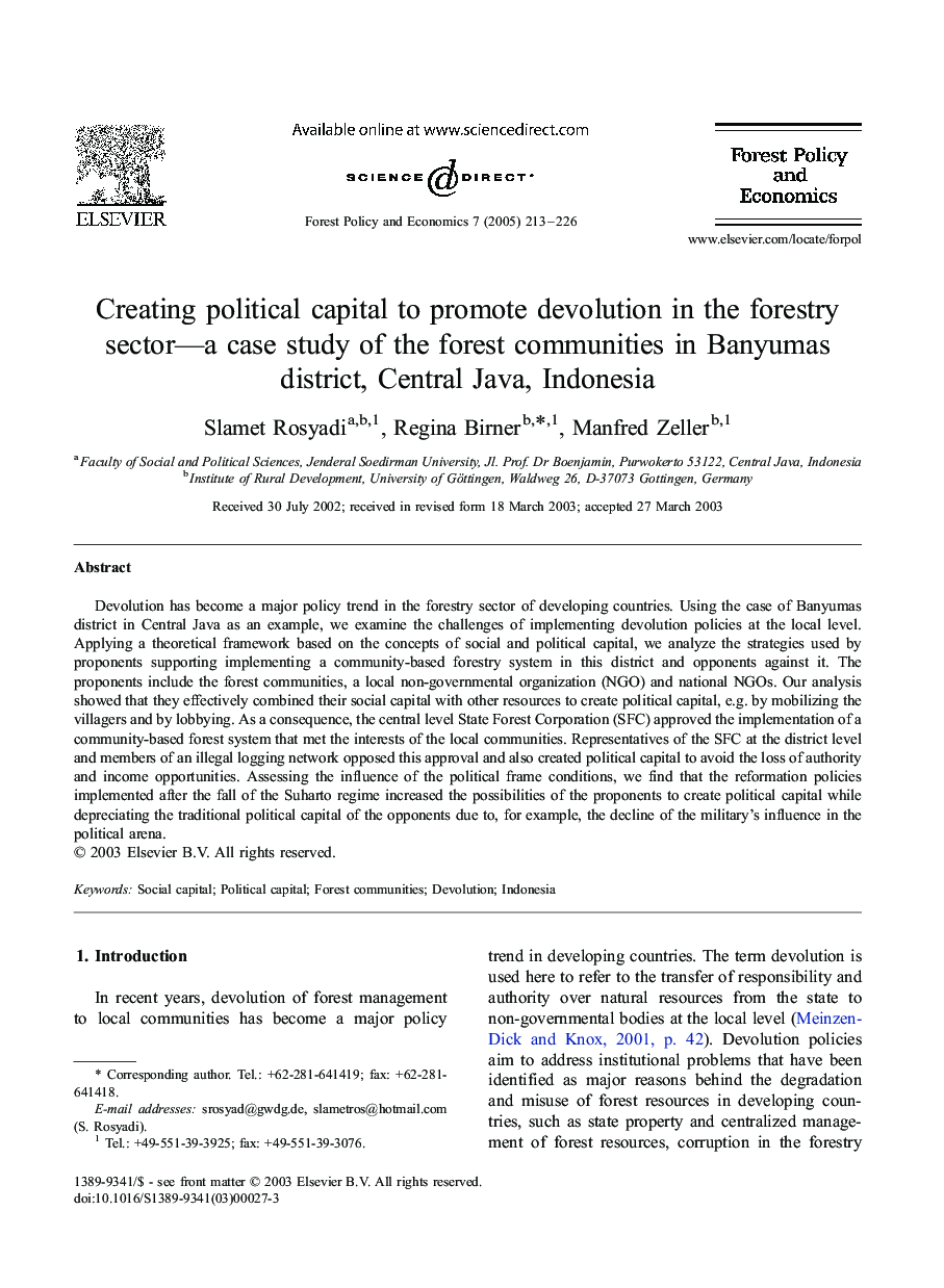 Creating political capital to promote devolution in the forestry sector-a case study of the forest communities in Banyumas district, Central Java, Indonesia