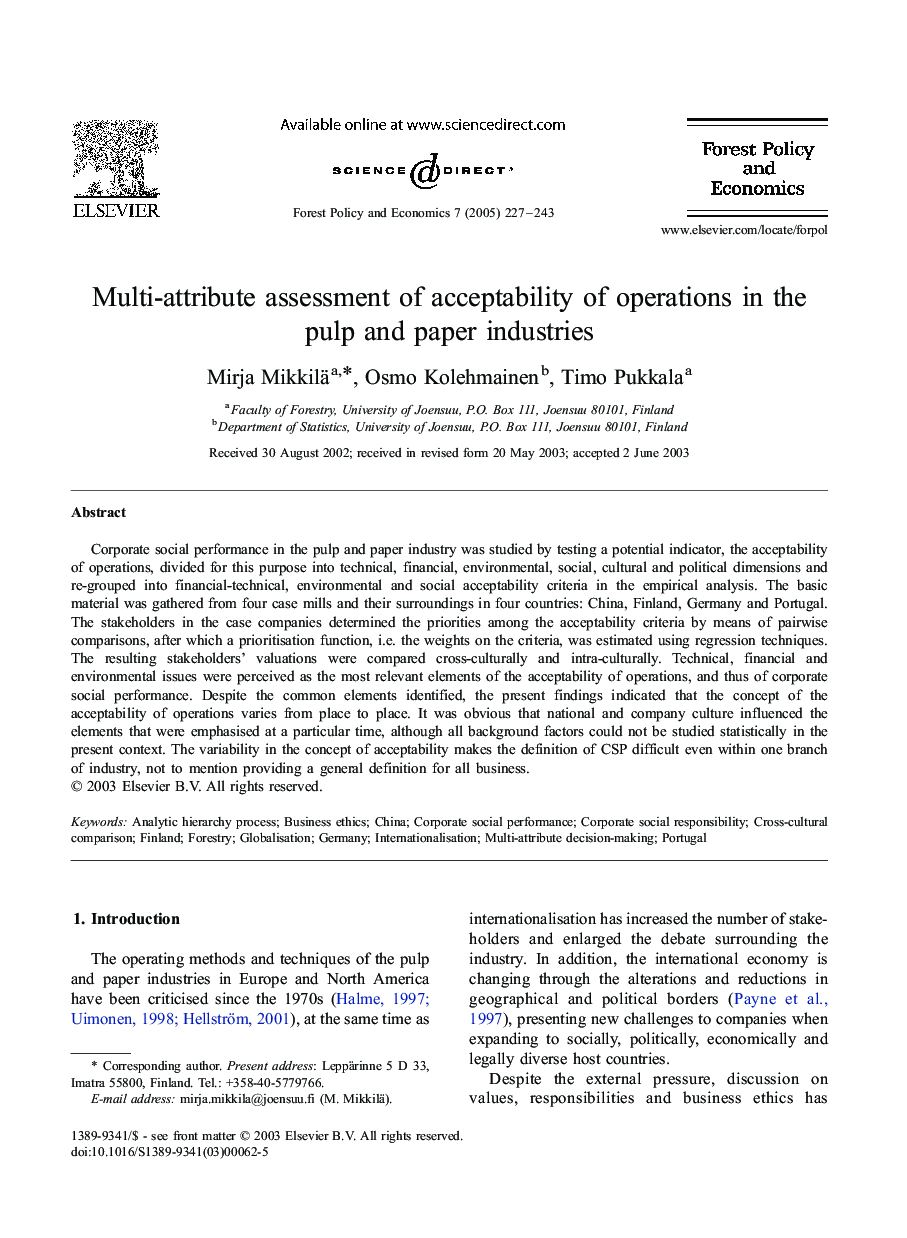 Multi-attribute assessment of acceptability of operations in the pulp and paper industries