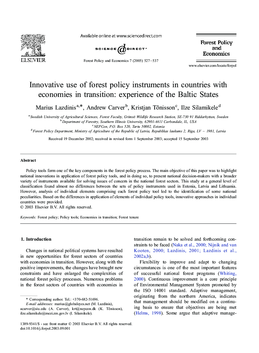 Innovative use of forest policy instruments in countries with economies in transition: experience of the Baltic States