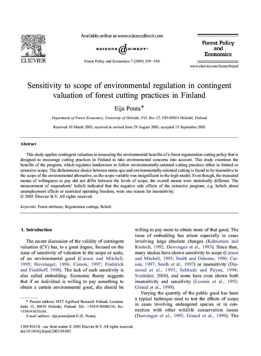 Sensitivity to scope of environmental regulation in contingent valuation of forest cutting practices in Finland