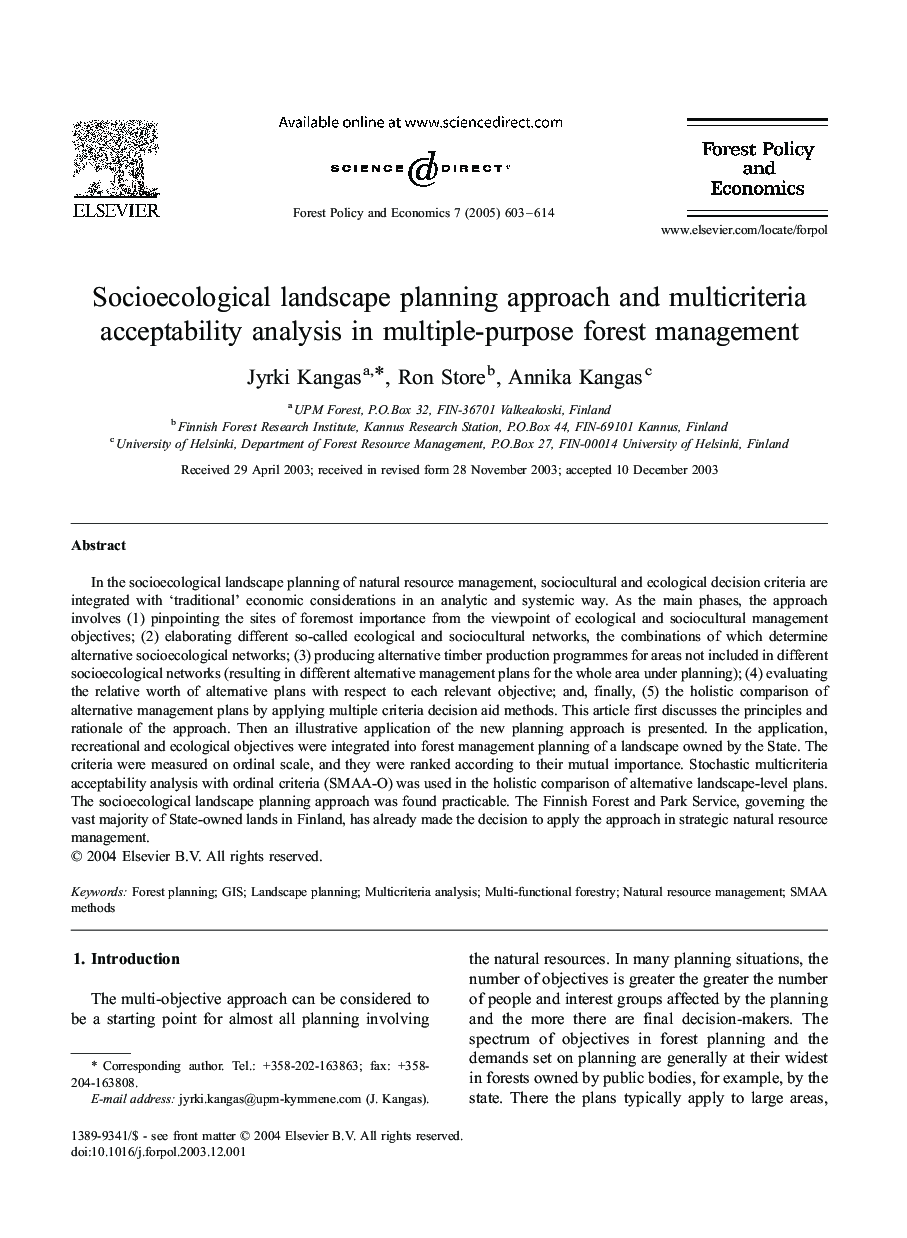 Socioecological landscape planning approach and multicriteria acceptability analysis in multiple-purpose forest management