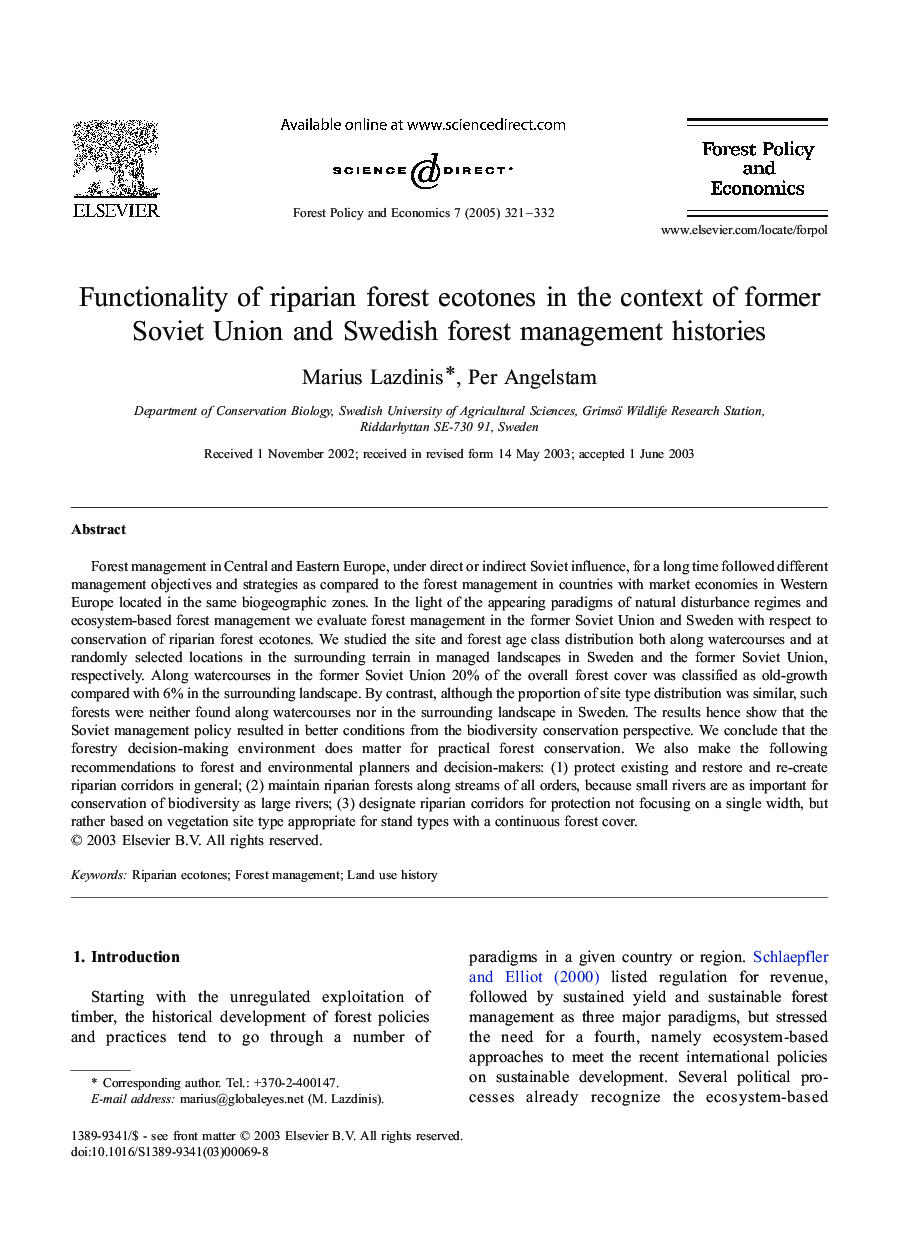 Functionality of riparian forest ecotones in the context of former Soviet Union and Swedish forest management histories