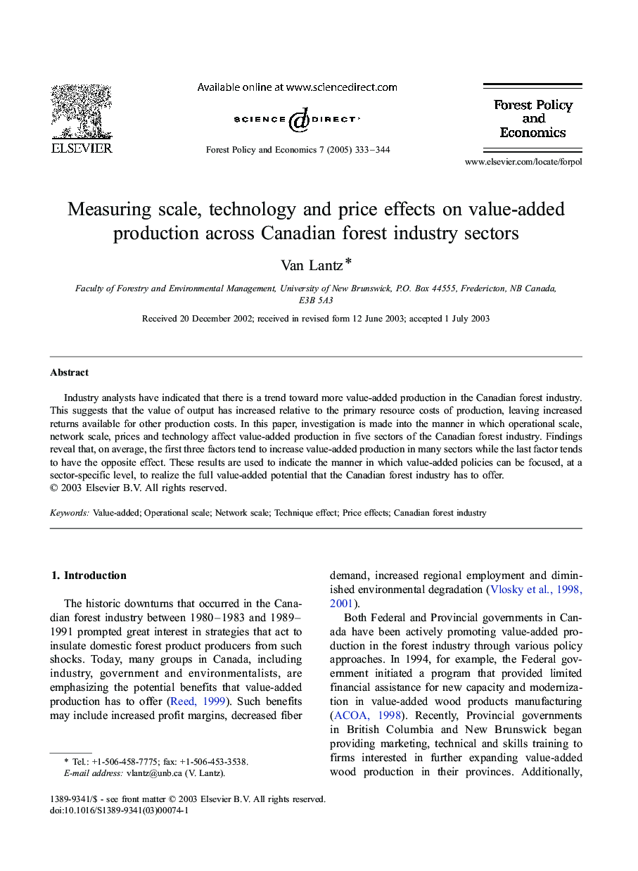 Measuring scale, technology and price effects on value-added production across Canadian forest industry sectors