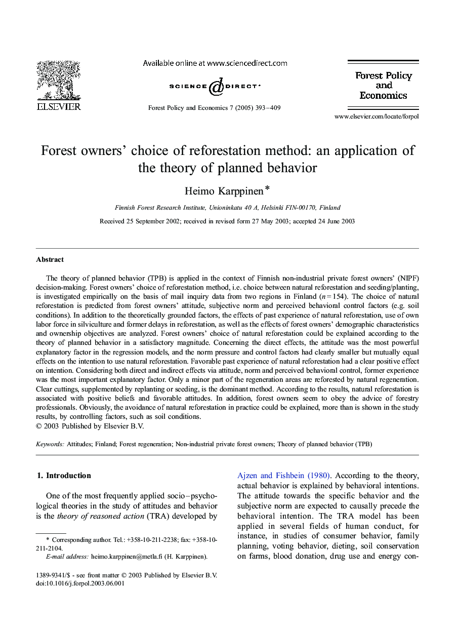 Forest owners' choice of reforestation method: an application of the theory of planned behavior