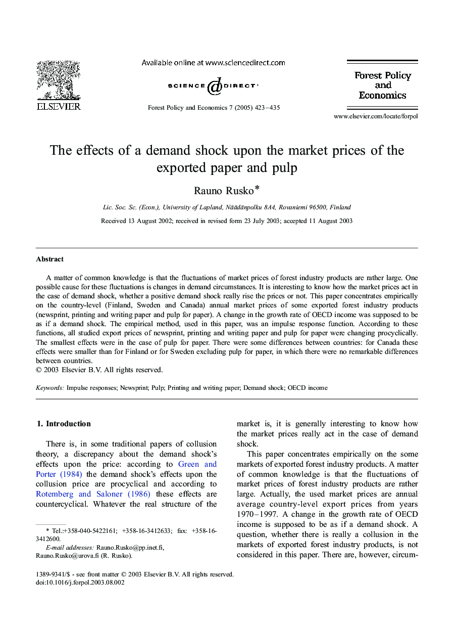 The effects of a demand shock upon the market prices of the exported paper and pulp