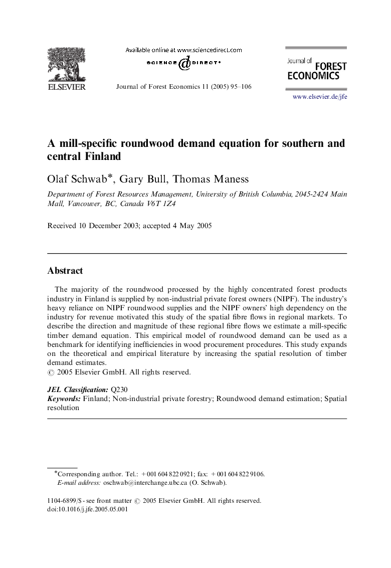 A mill-specific roundwood demand equation for southern and central Finland