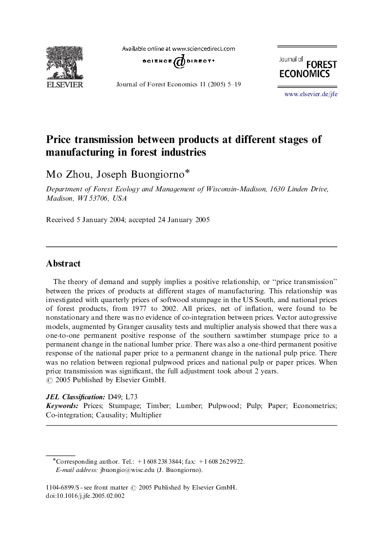 Price transmission between products at different stages of manufacturing in forest industries