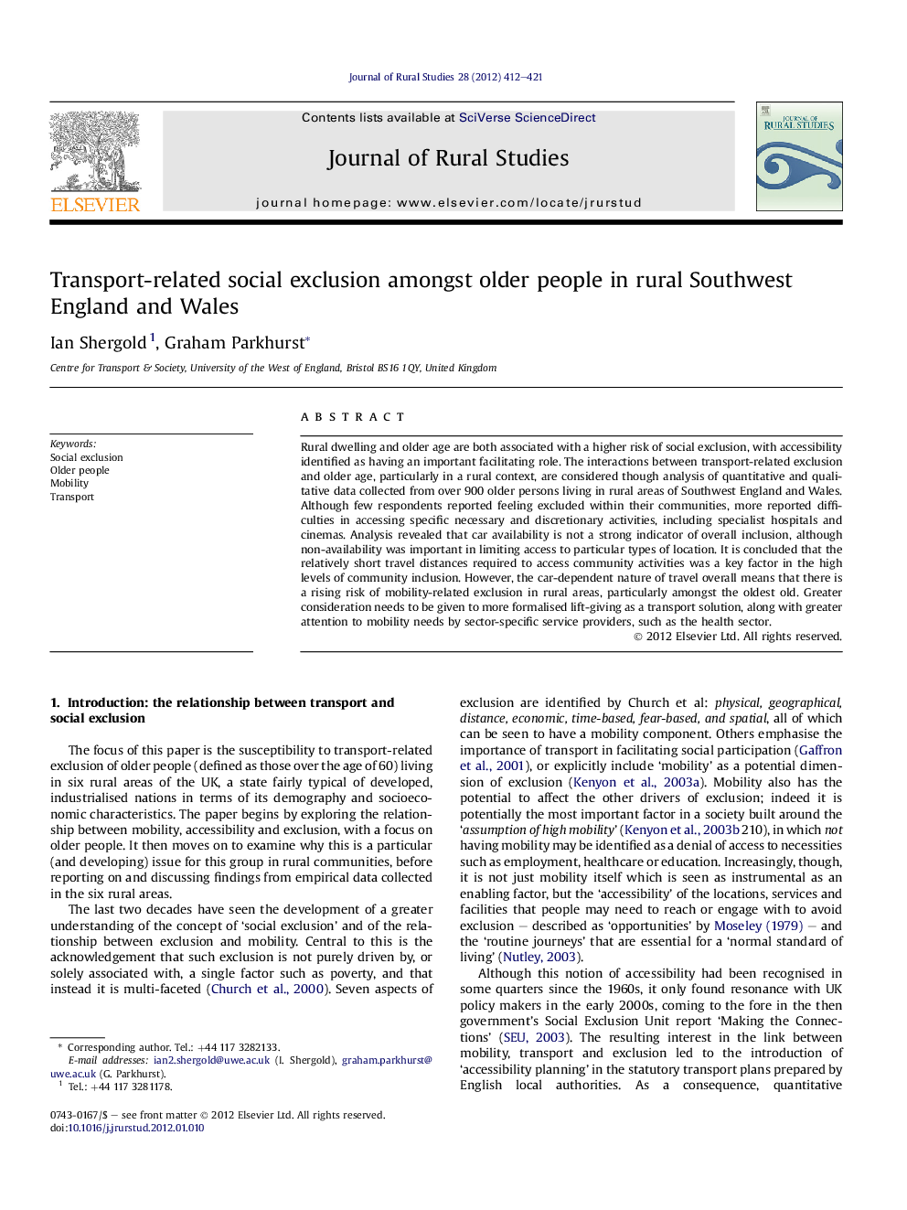 Transport-related social exclusion amongst older people in rural Southwest England and Wales