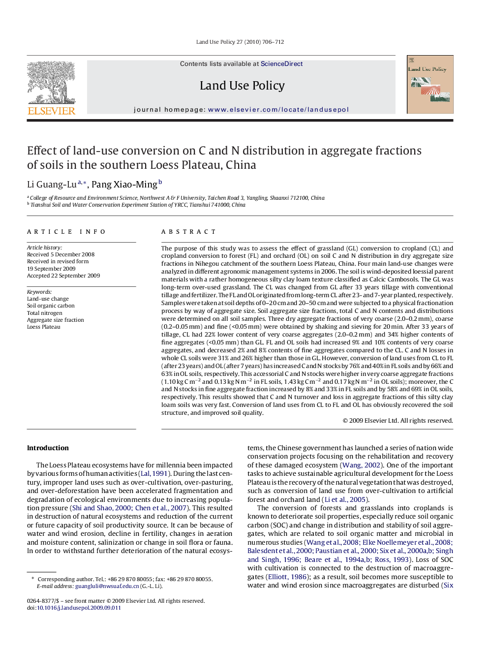 Effect of land-use conversion on C and N distribution in aggregate fractions of soils in the southern Loess Plateau, China