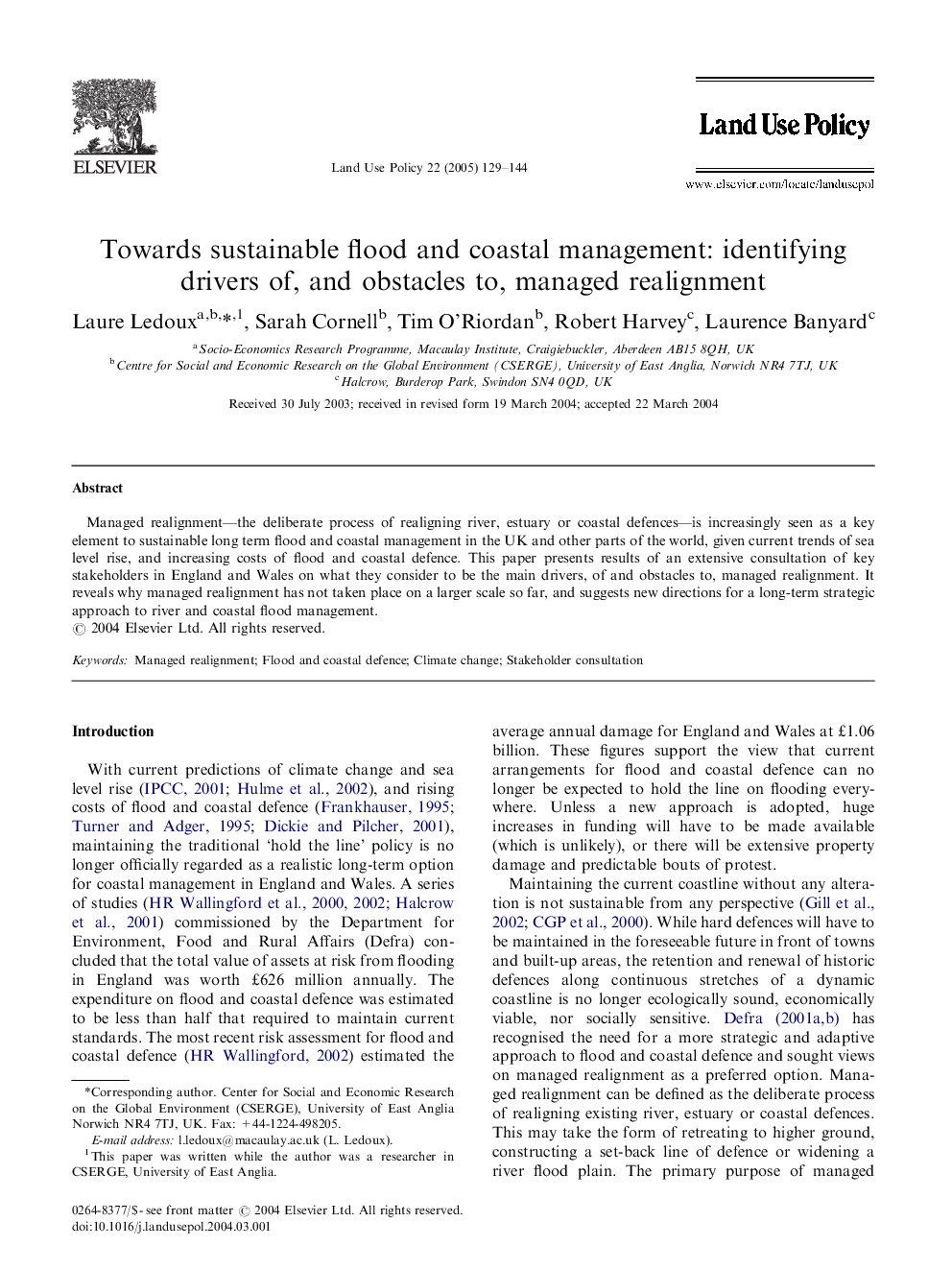 Towards sustainable flood and coastal management: identifying drivers of, and obstacles to, managed realignment