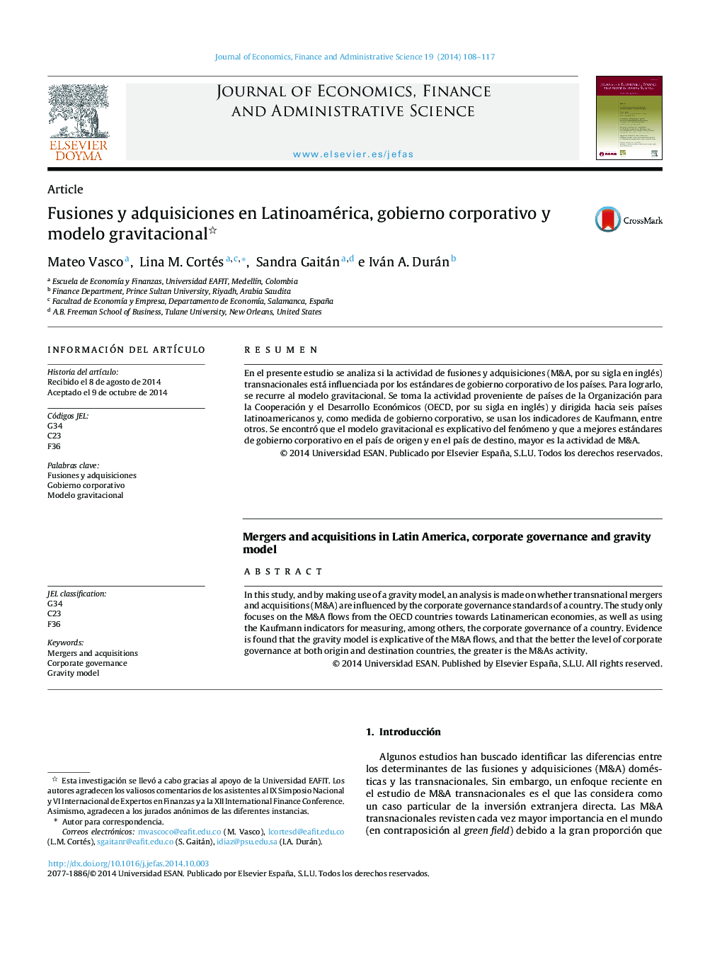 Fusiones y adquisiciones en Latinoamérica, gobierno corporativo y modelo gravitacional 