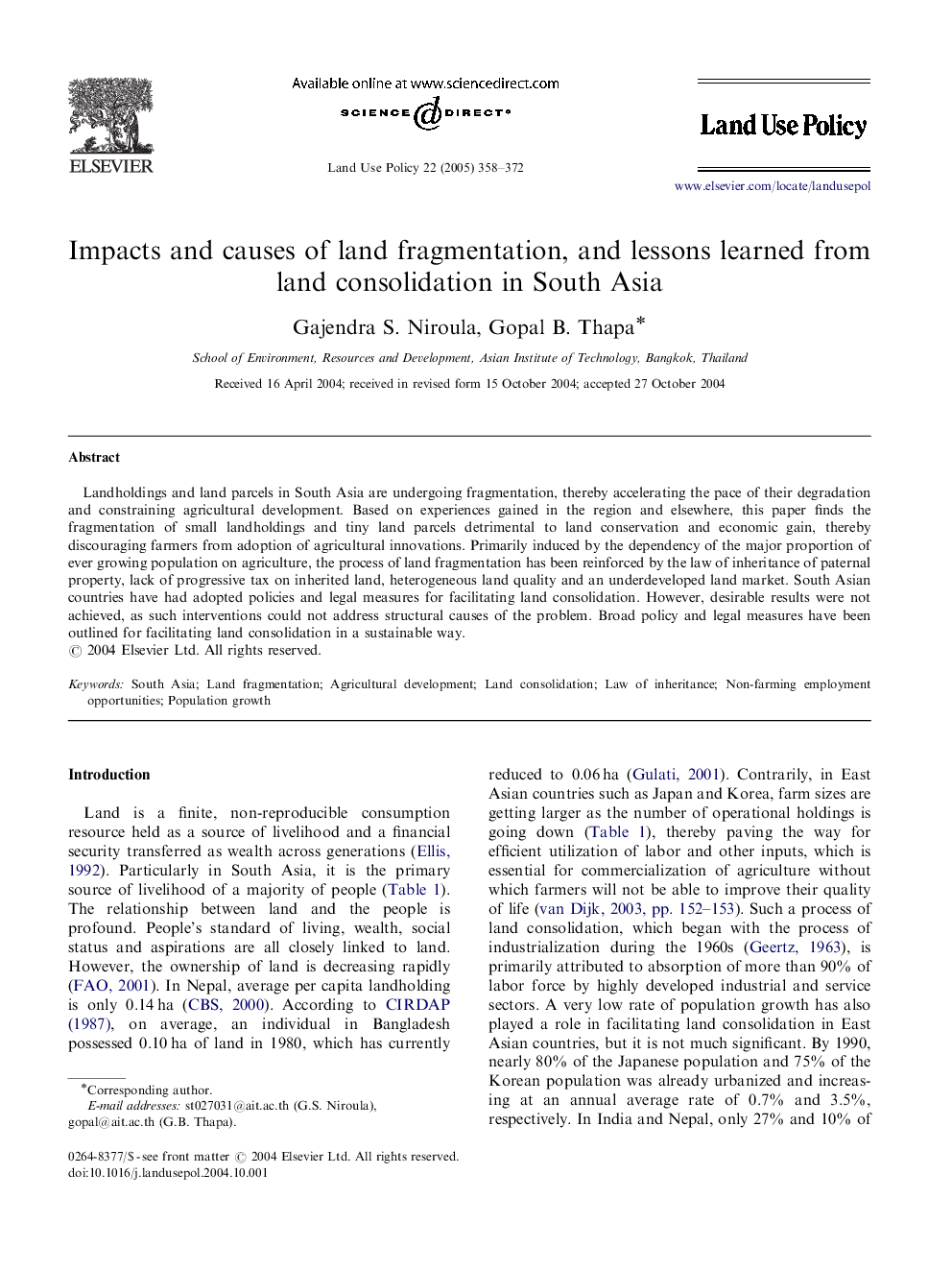 Impacts and causes of land fragmentation, and lessons learned from land consolidation in South Asia