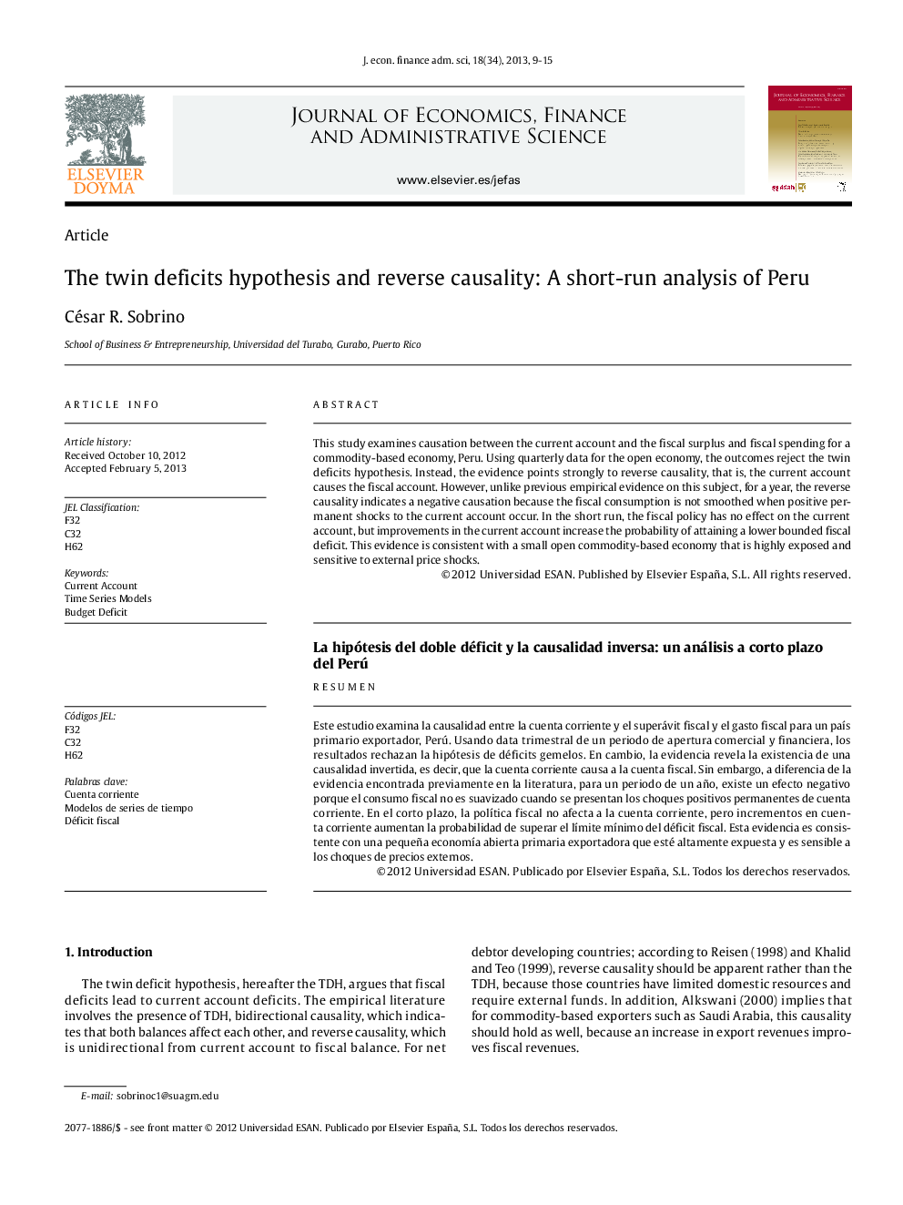 The twin deficits hypothesis and reverse causality: A short-run analysis of Peru