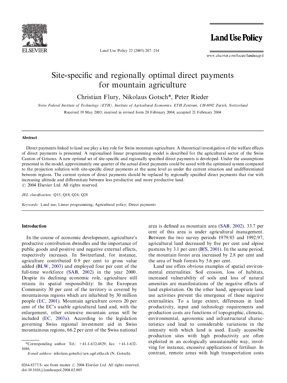 Site-specific and regionally optimal direct payments for mountain agriculture