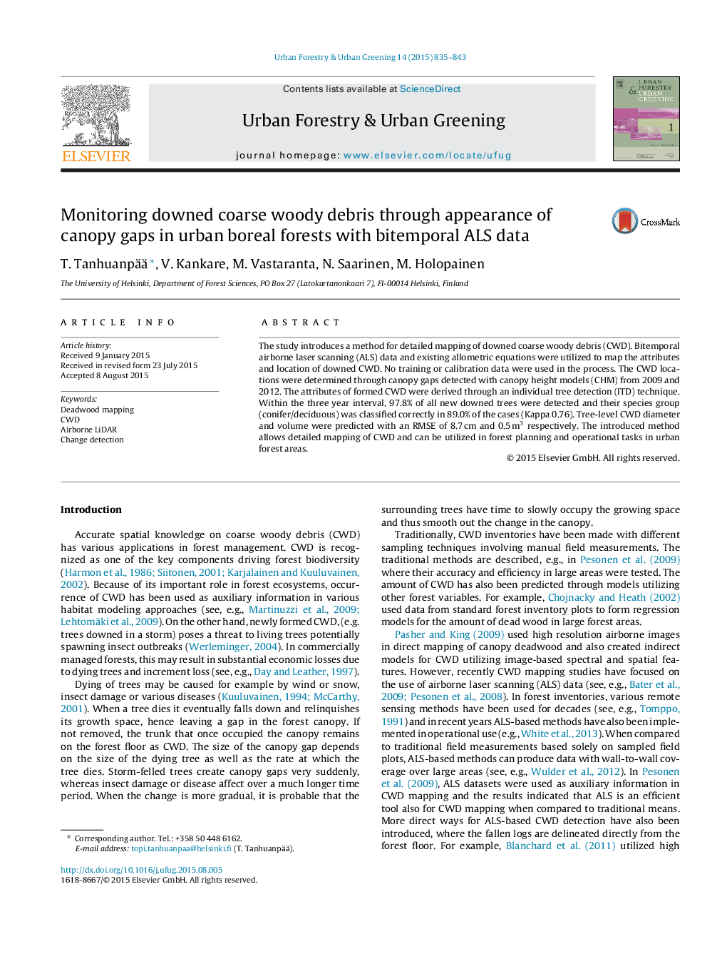 Monitoring downed coarse woody debris through appearance of canopy gaps in urban boreal forests with bitemporal ALS data