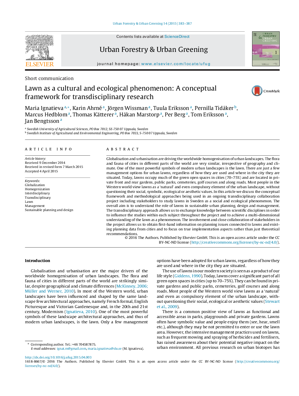 Lawn as a cultural and ecological phenomenon: A conceptual framework for transdisciplinary research