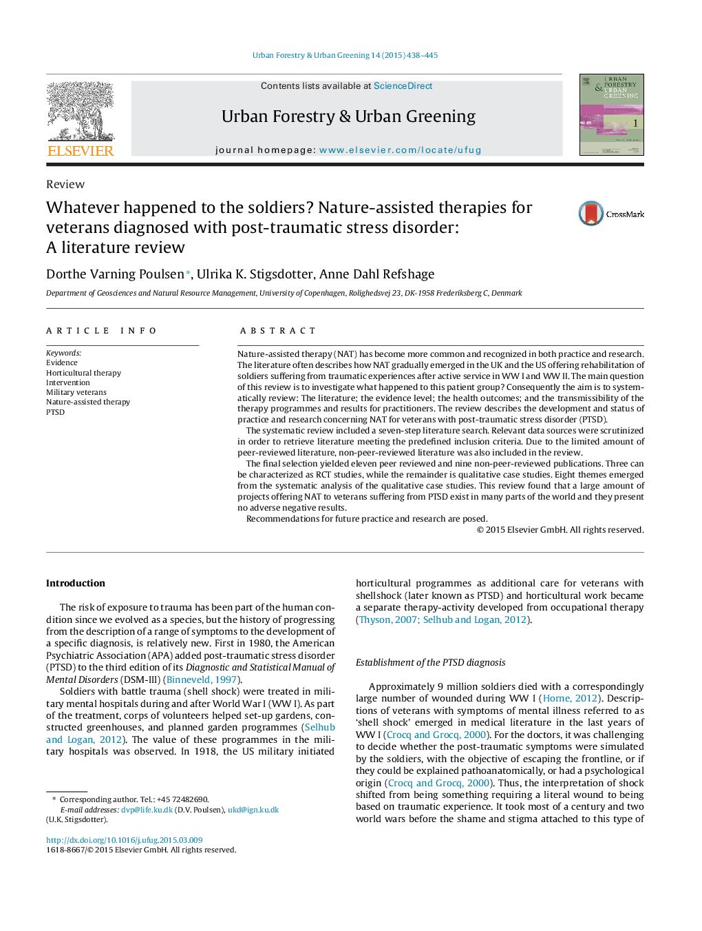 Whatever happened to the soldiers? Nature-assisted therapies for veterans diagnosed with post-traumatic stress disorder: A literature review