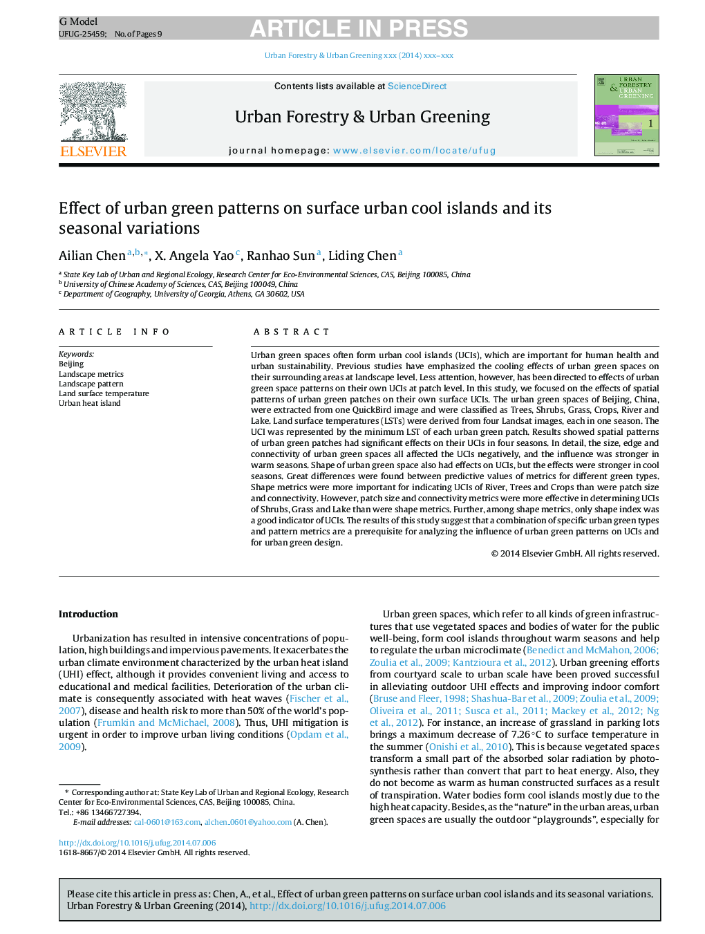 Effect of urban green patterns on surface urban cool islands and its seasonal variations